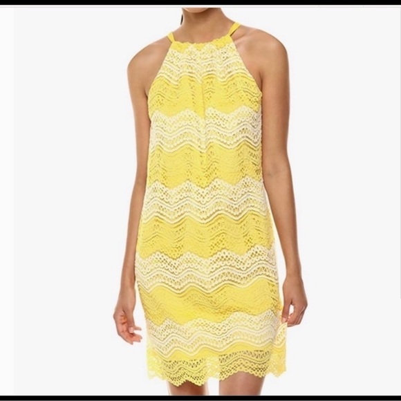 Like New Trina Turk yellow & white lace Bow Halter dress Large - Picture 4 of 14